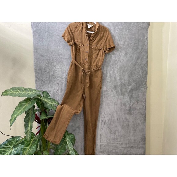 C & C California Brown Linen Blend Button Front jumpsuit women’s size Medium - Picture 1 of 11